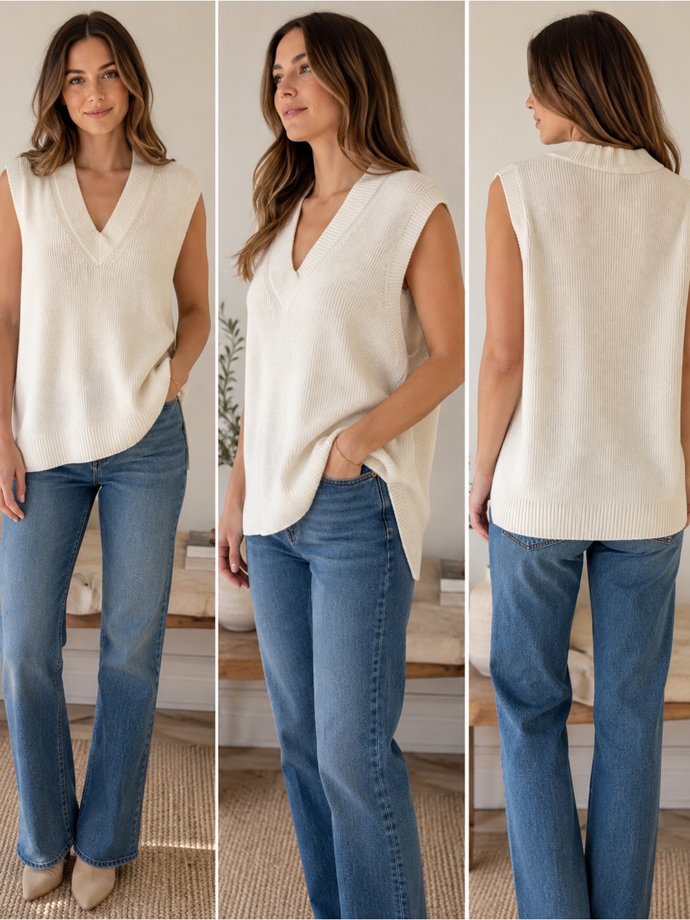 Massimo Dutti Made in Italy Cream V-Neck Knit Sweater Vest | XS/S